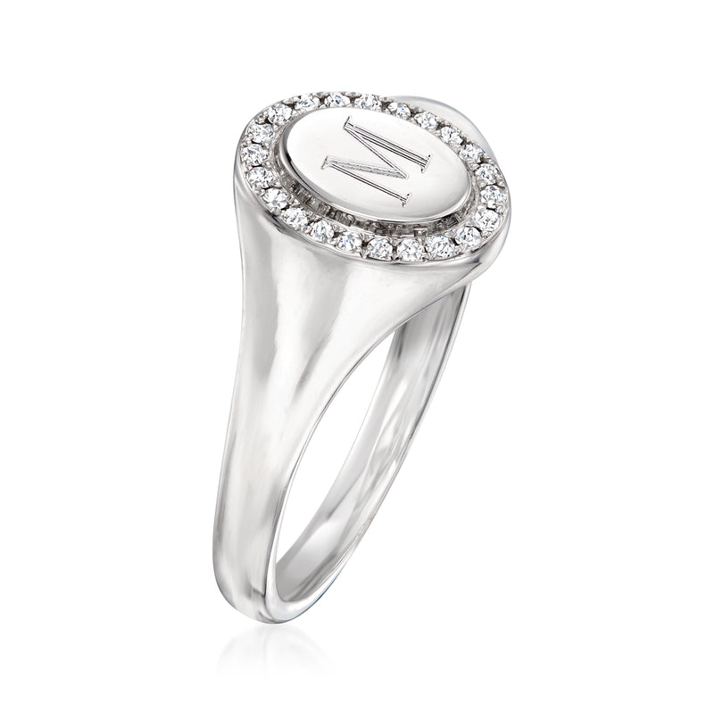 Oval diamond halo signet ring in sterling silver with engraved monogram
