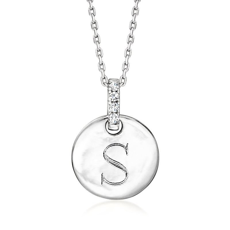 Sterling silver disc pendant necklace with diamond-studded bail and engraved S charm