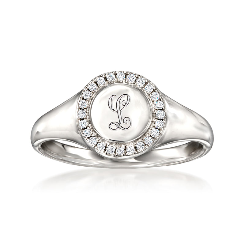 Sterling silver personalized signet ring with round diamond halo and engraved letter L