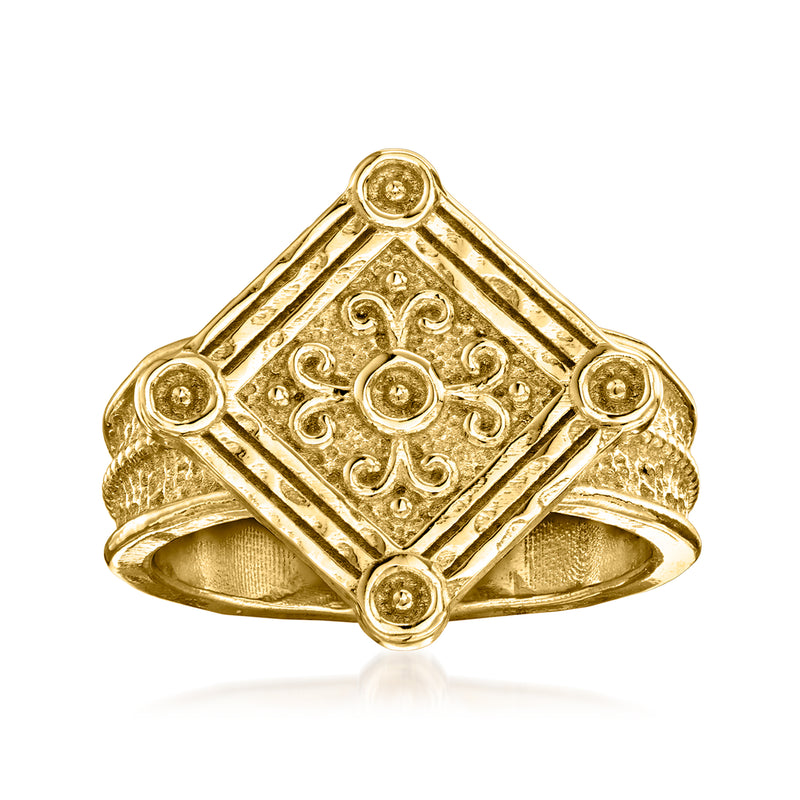 Gold over sterling ring with square Etruscan-style filigree and round bezel accents