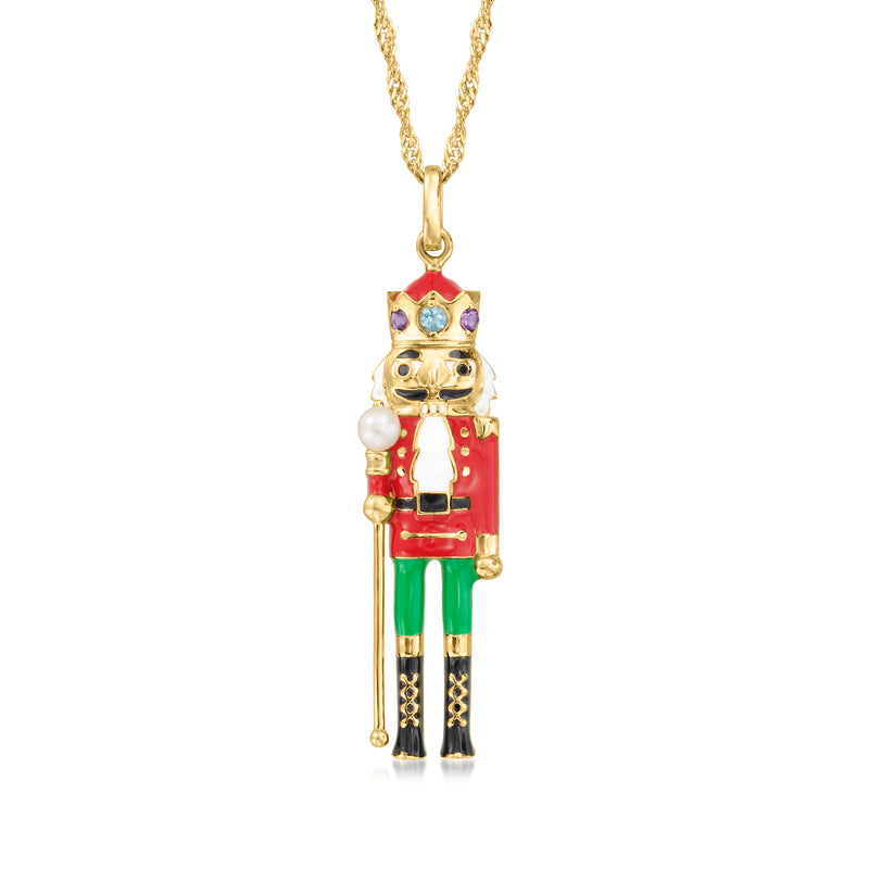 3.5-4mm Cultured Pearl and .22 ct. t.w. Multi-Gemstone Nutcracker Pendant Necklace with Multicolored Enamel in 18kt Gold Over Sterling