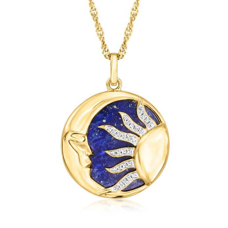 18kt gold-over-sterling pendant necklace with round blue lapis moon design and white gems