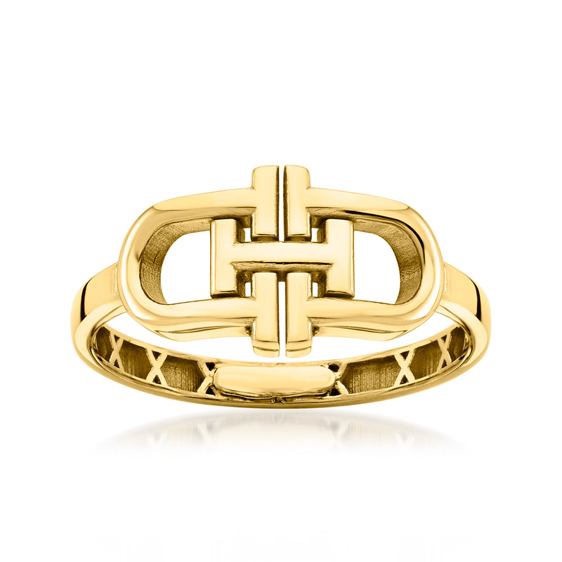 14kt yellow gold interlocking-link ring with geometric bar centerpiece, polished finish