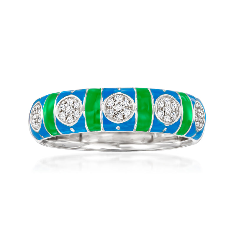 Sterling silver diamond ring with blue and green enamel and round stones