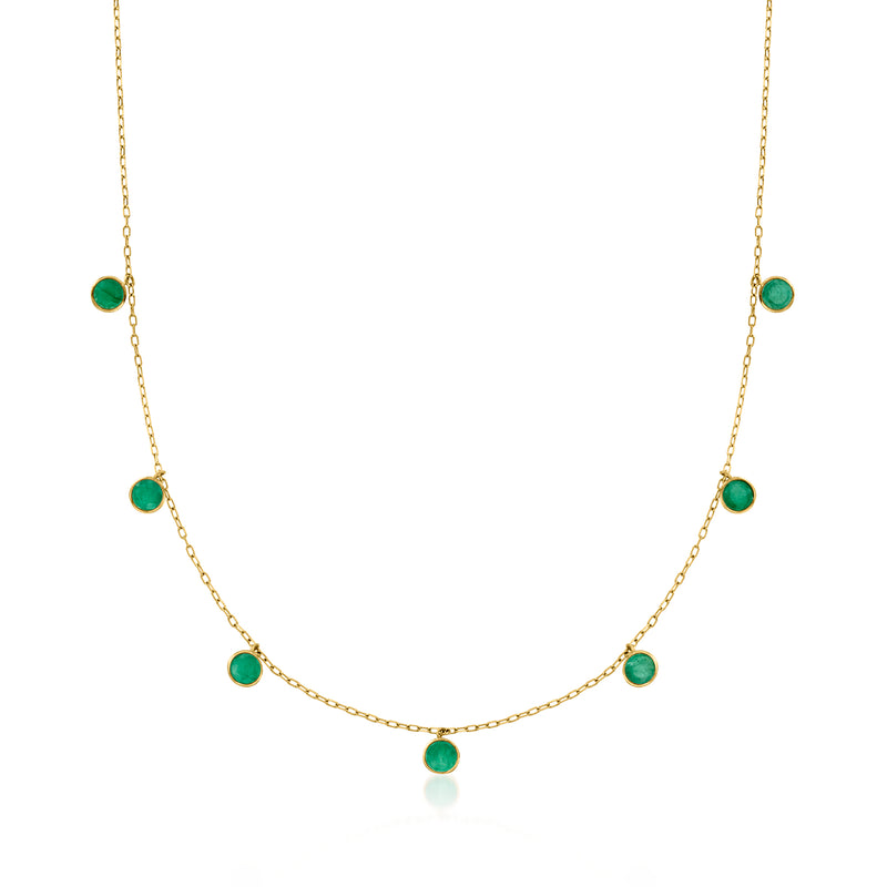 14kt yellow gold necklace with bezel-set round green emerald station stones