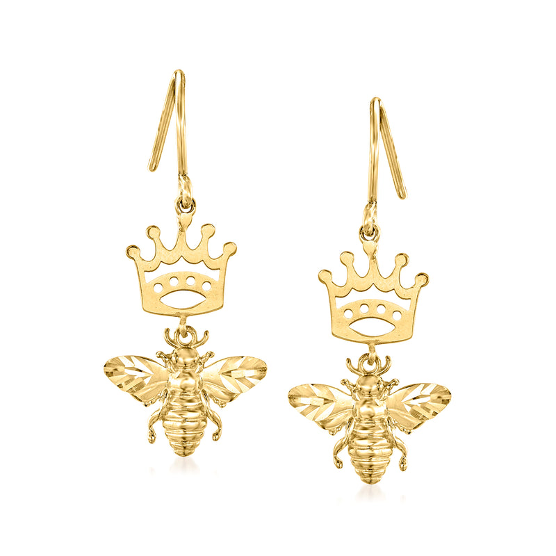 14kt yellow gold drop earrings with crown and bee charm