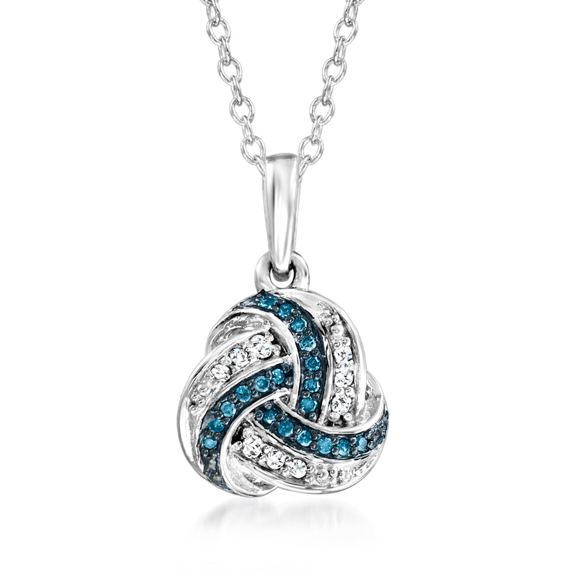 Sterling silver love-knot pendant necklace with blue and white diamond accents