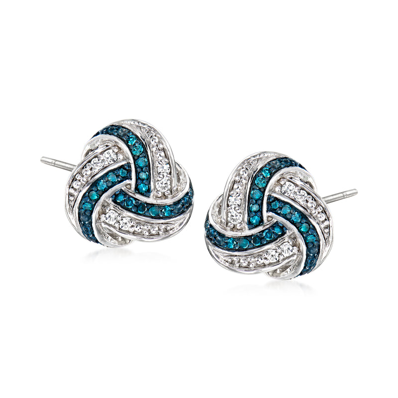 Sterling silver love knot stud earrings with blue and white diamond accents, post backs
