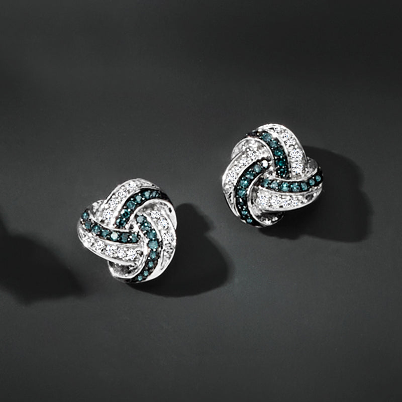 Sterling silver blue and white love knot stud earrings, sparkling post backs