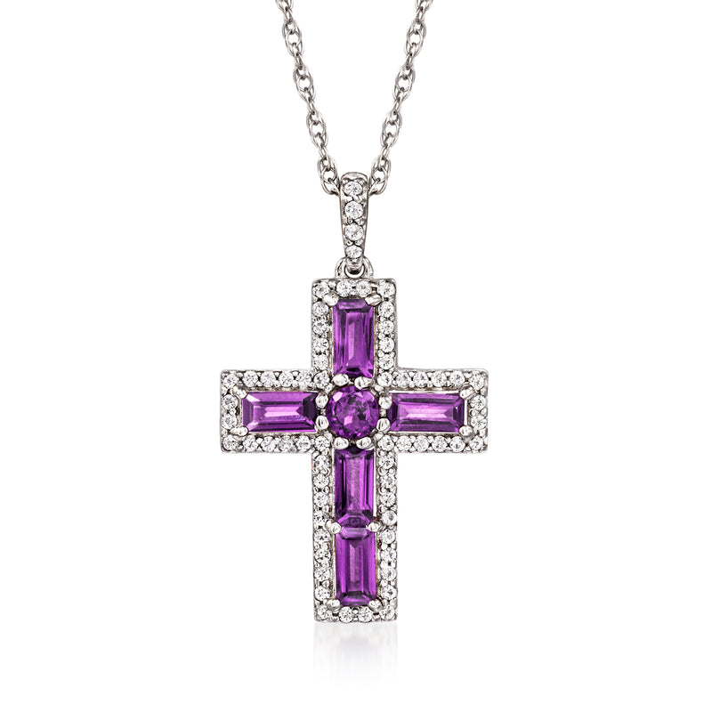Sterling silver cross pendant necklace with purple amethyst and white topaz accents