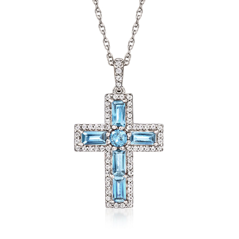 Sterling silver cross pendant necklace with blue topaz and white topaz accents