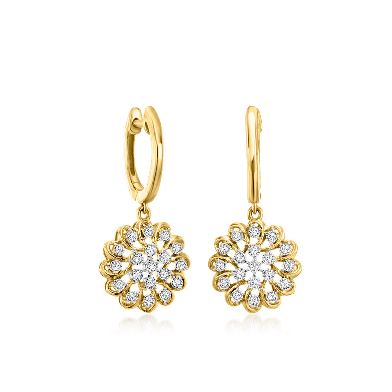 14kt yellow gold hoop drop earrings with diamond flower cluster dangles