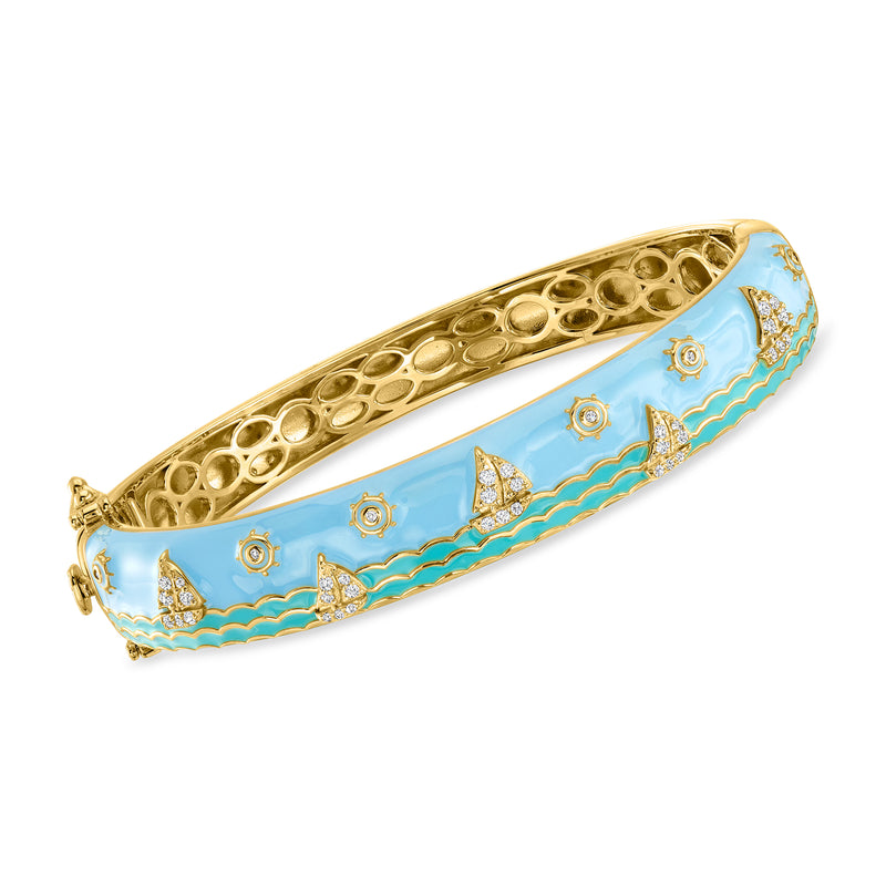 Sailboat bangle bracelet with blue enamel and gold-tone openwork, small sail motifs