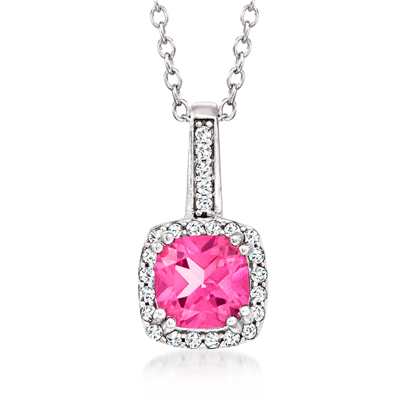 Sterling silver pendant necklace with pink cushion topaz and clear stone halo