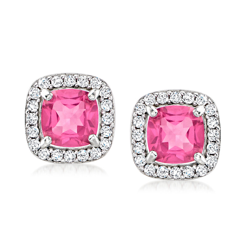 Sterling silver cushion pink topaz stud earrings with white stone halo, post backs