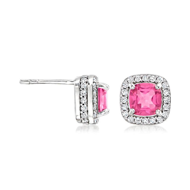 Sterling silver post stud earrings: pink topaz center with white stone halo, side view