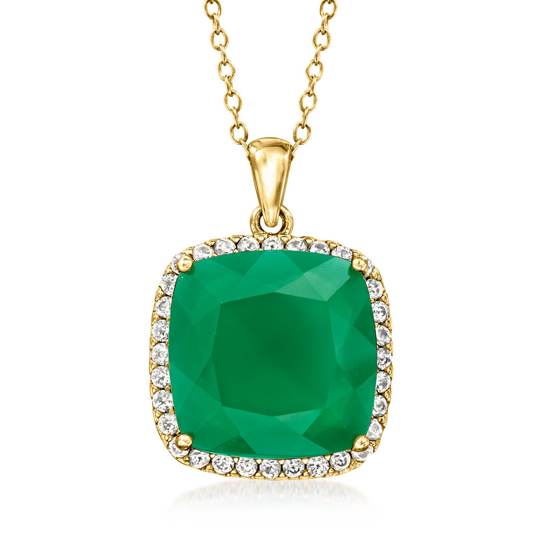 Green chalcedony pendant necklace with white zircon halo, 18kt gold over sterling chain