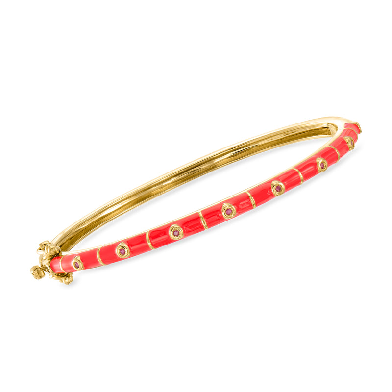 18kt gold over sterling bangle bracelet with red enamel bar and round bezel stones