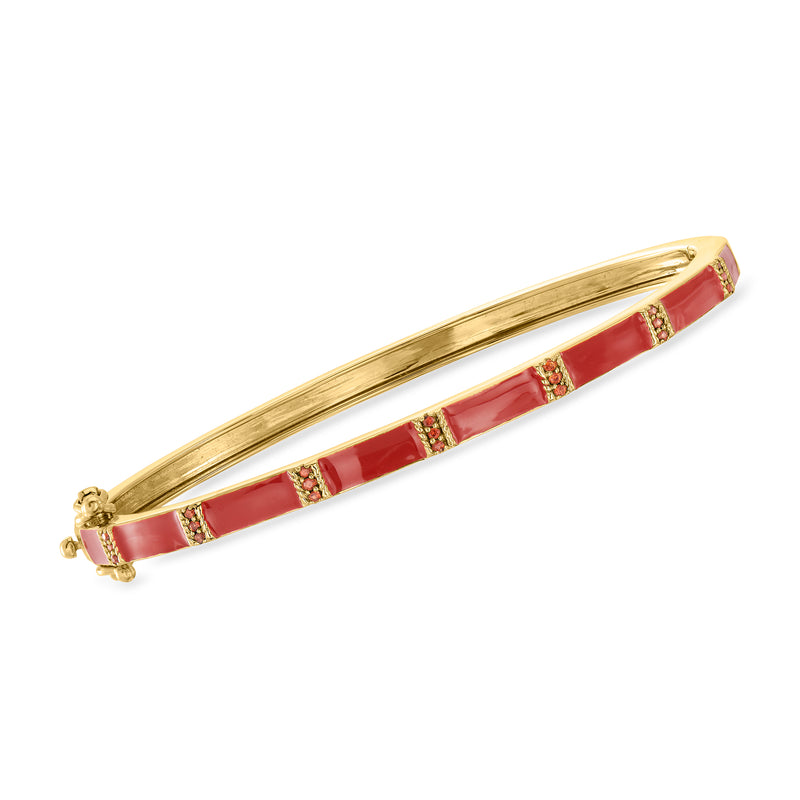 18kt gold over sterling bangle bracelet with red enamel panels and small red gemstones