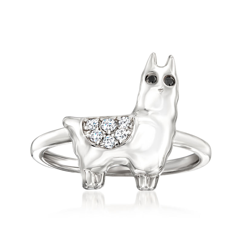 Sterling silver llama ring with white and black diamond eyes and oval center cluster