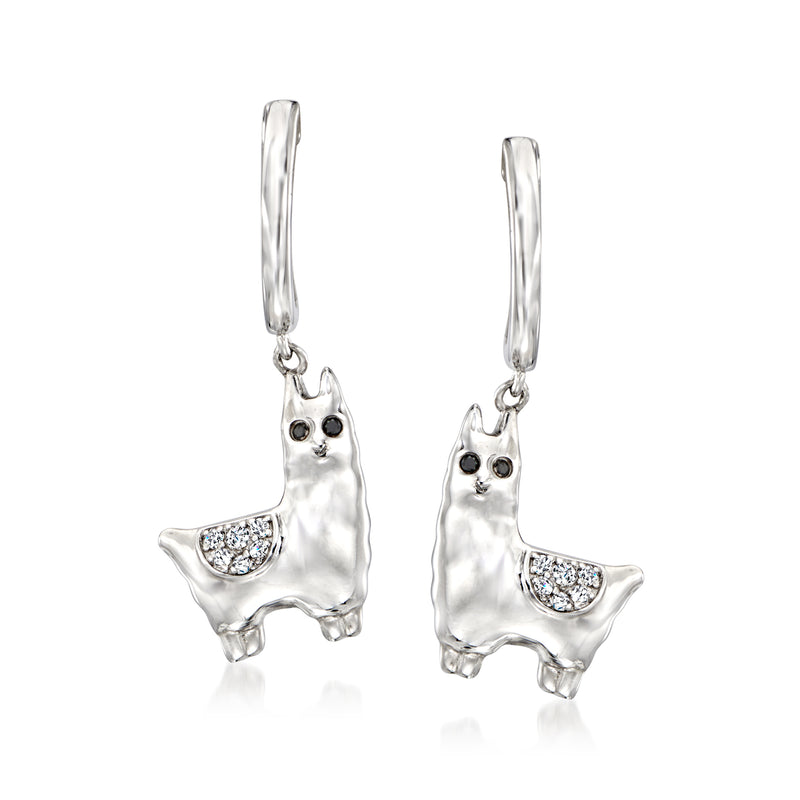 Sterling silver llama hoop drop earrings with clear stones and black enamel eyes