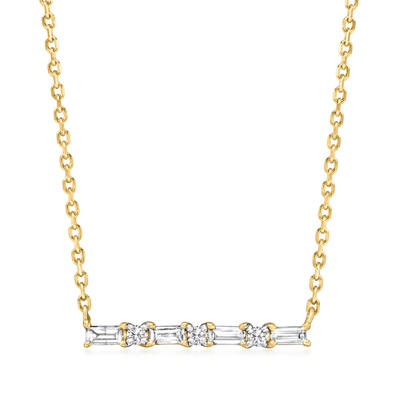 14kt yellow gold diamond bar necklace with baguette and round stones