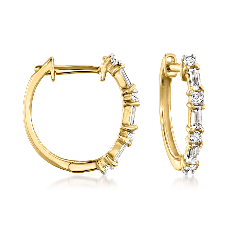 14kt yellow gold hoop earrings with baguette and round diamonds