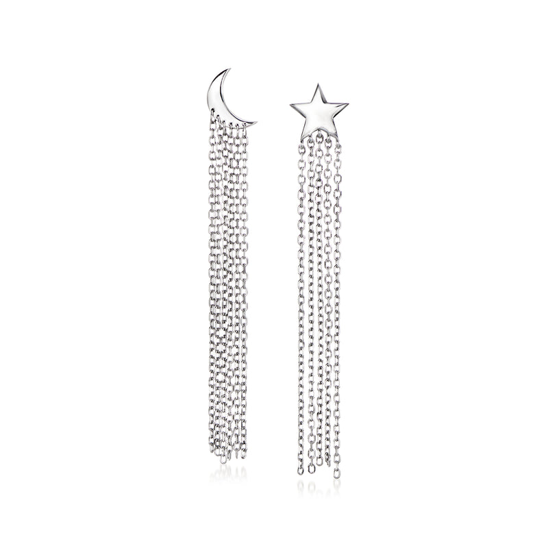 Sterling silver moon-and-star fringe drop earrings with dangling chain tassels