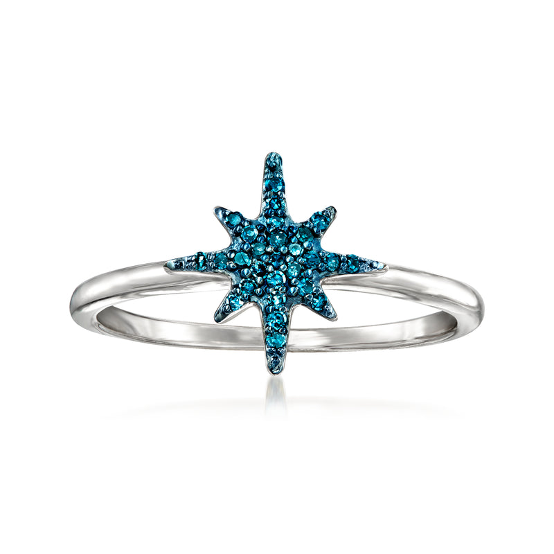 Sterling silver ring with blue starburst center diamond accents