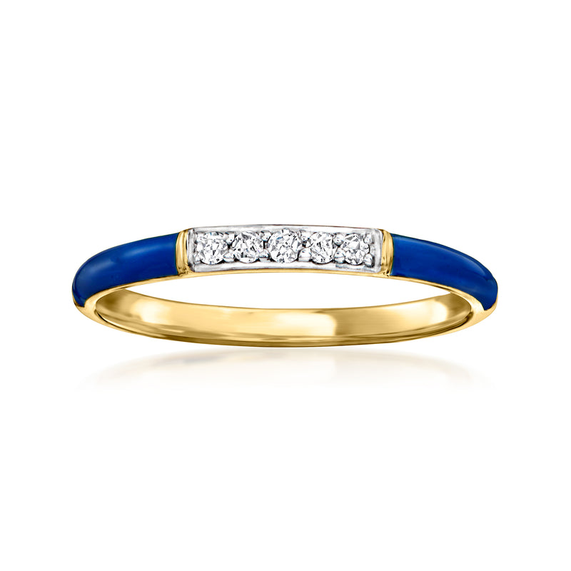 Blue enamel and diamond row ring with gold-tone band, wide rounded profile