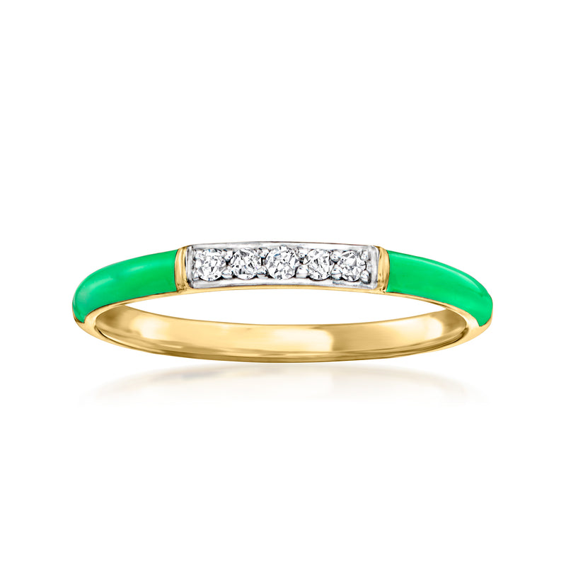 Green enamel ring with gold bezel and row of clear diamond-like stones