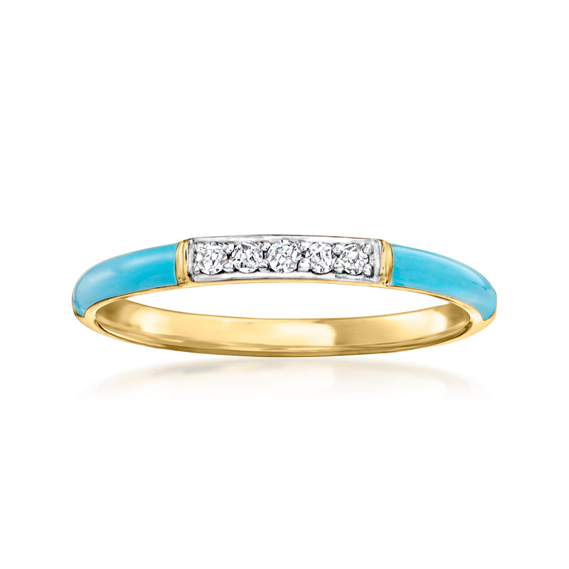 Turquoise enamel and diamond band ring with gold-tone setting