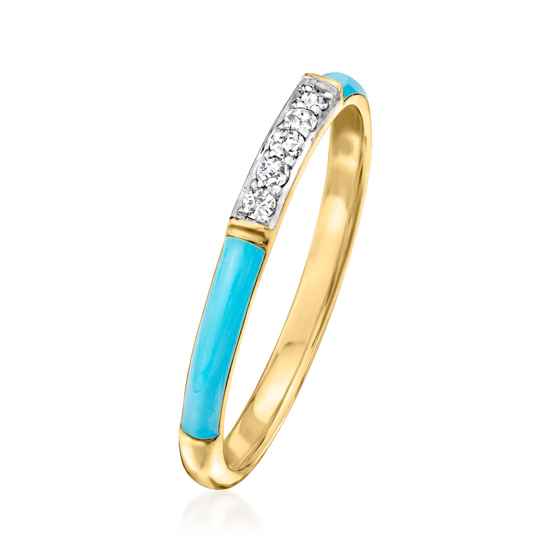 Turquoise enamel inlay ring with diamond row on gold-tone band