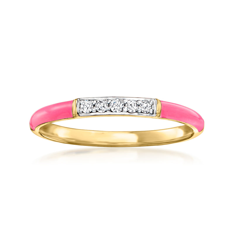 Pink enamel and diamond band ring in gold-tone metal with row of sparkle stones