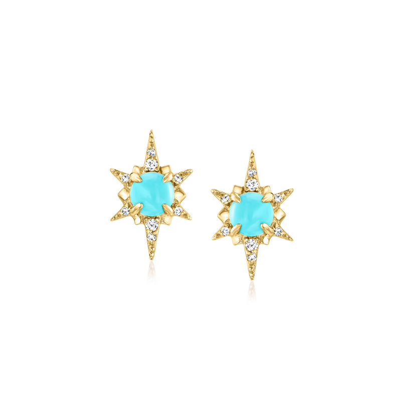 Turquoise starburst stud earrings, 14kt yellow gold, diamond accents