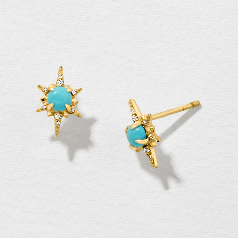 Turquoise starburst earrings with diamond accents, 14kt yellow gold post