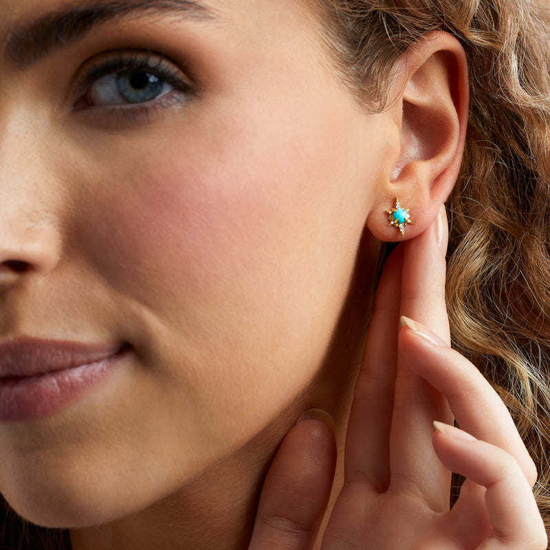 Turquoise starburst stud earrings, 14kt yellow gold, diamond accents