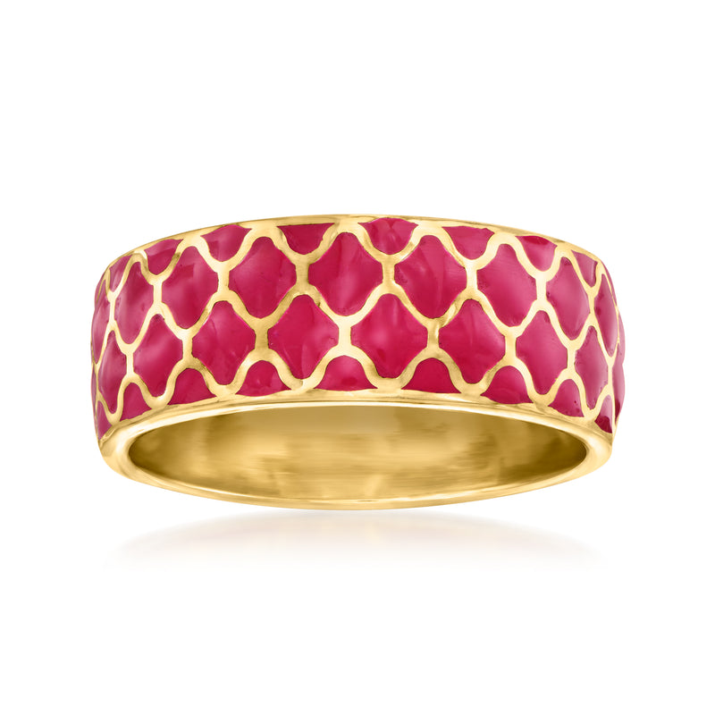 Magenta enamel patterned band ring with gold-tone border, smooth inside.
