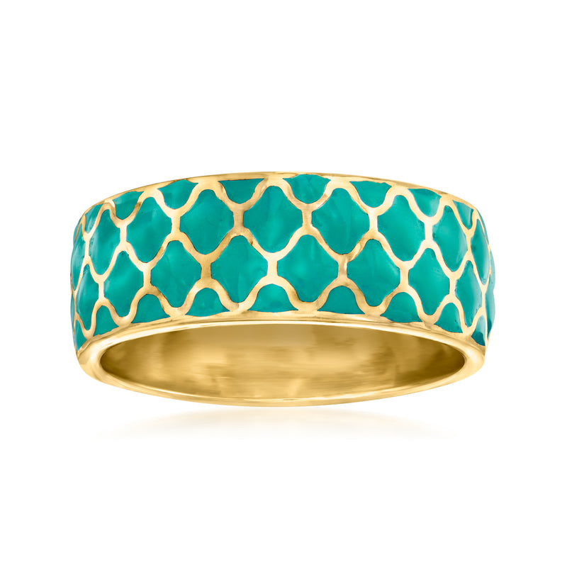 Turquoise enamel patterned ring with 18kt gold over sterling, wide band, oval profile
