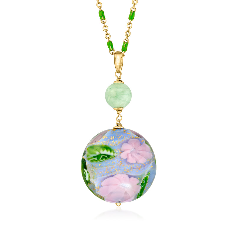 Gold-tone pendant necklace with round multicolor Murano glass floral charm and green bead