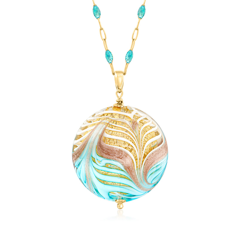 Murano glass pendant necklace with gold chain, multicolor blue swirling orb charm