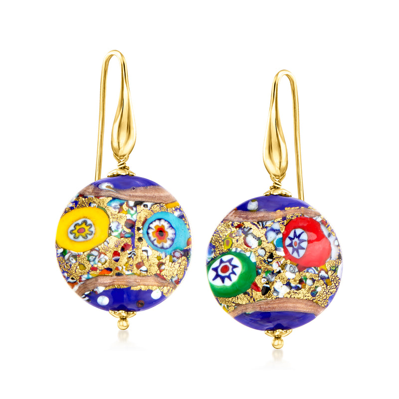 Blue and multicolor Murano glass drop earrings with gold-tone earwires, round mosaic discs
