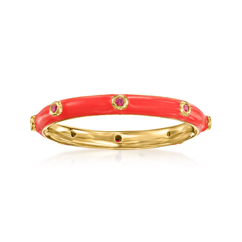 Red enamel eternity band with small ruby-style gemstones in 18kt gold over sterling