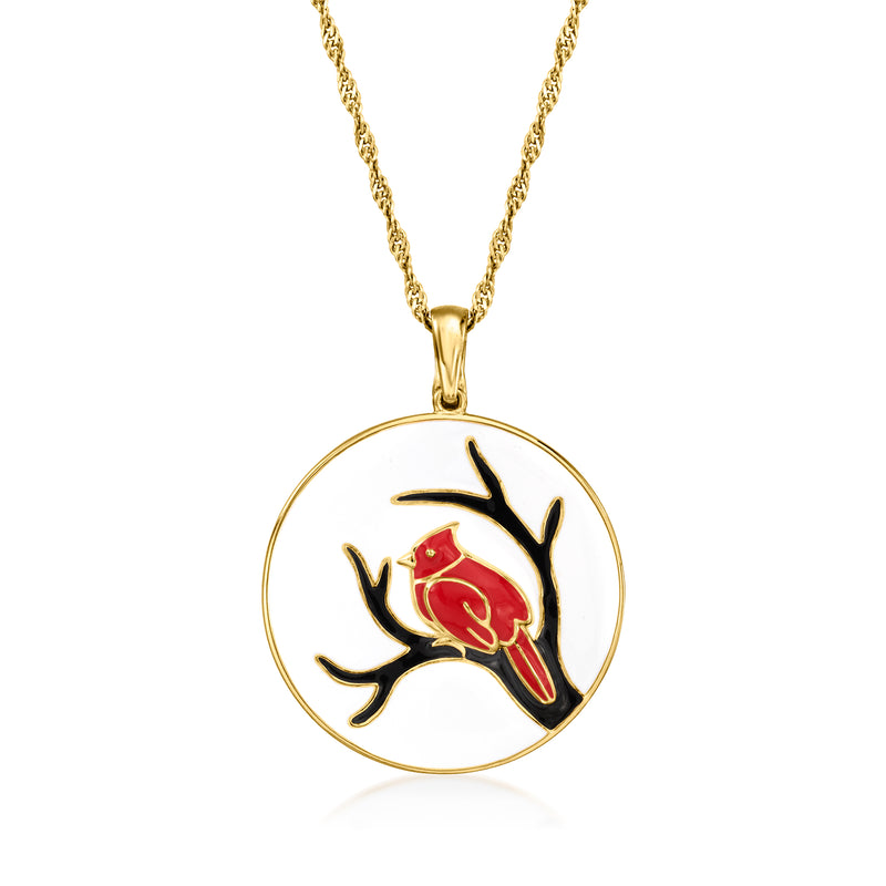 Gold-tone pendant necklace with round enamel cardinal medallion