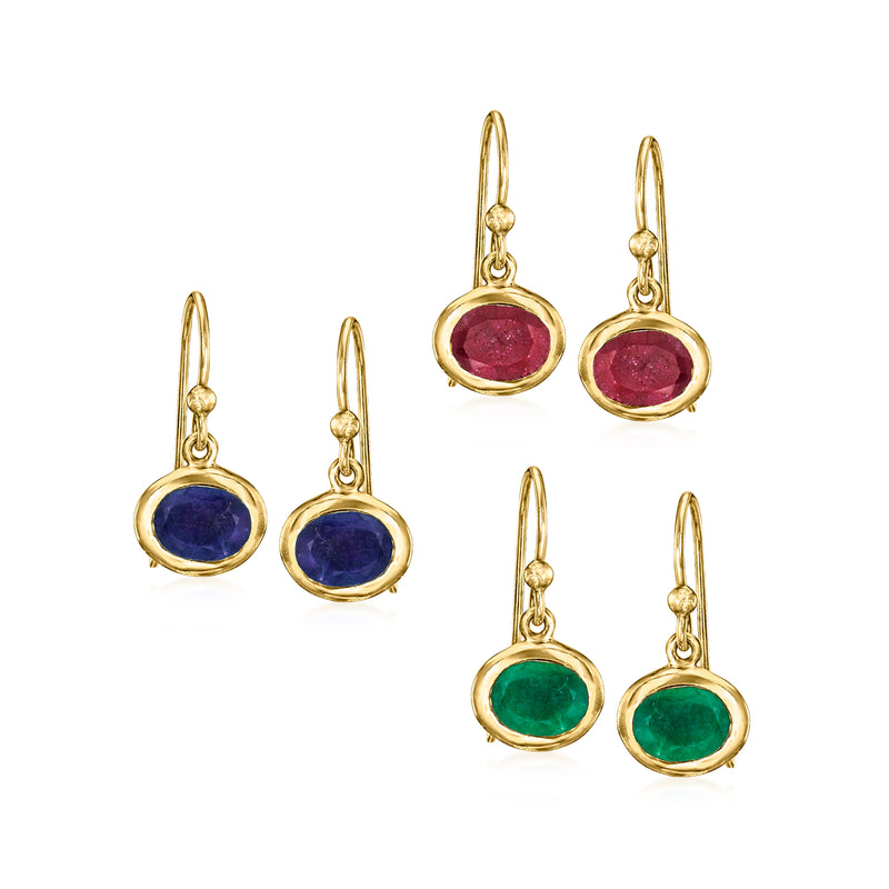 Gold over sterling drop earrings set with three pairs: ruby pink, sapphire blue, emerald green.
