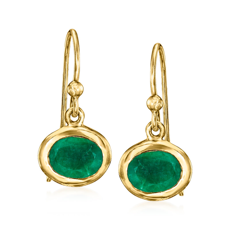 Gold over sterling drop earrings with oval emerald-green gemstone, round bezel setting.