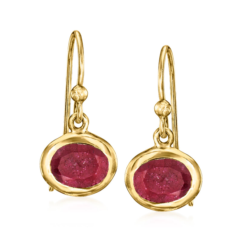 Gold over sterling drop earrings with oval ruby-pink gemstone, round bezel setting.