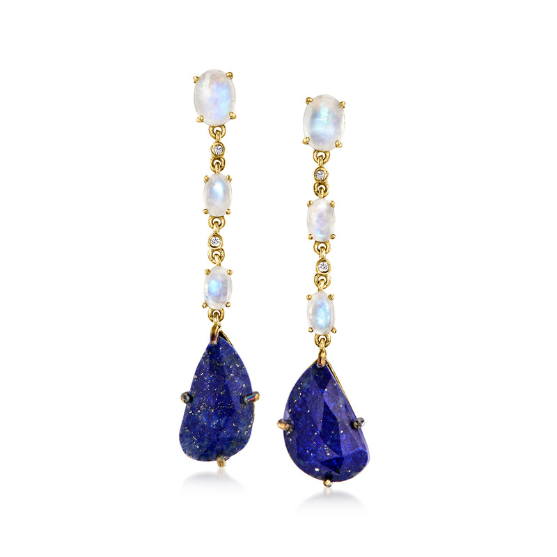 Gold drop earrings with deep blue lapis teardrops and opalescent white topaz accents