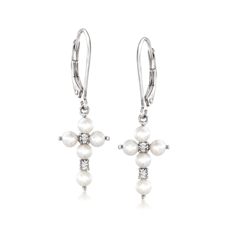 Sterling silver pearl cross drop earrings with small diamond accents and leverback clasps