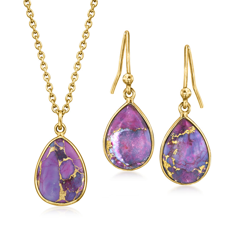 Gold over sterling purple and turquoise teardrop necklace and drop earring set